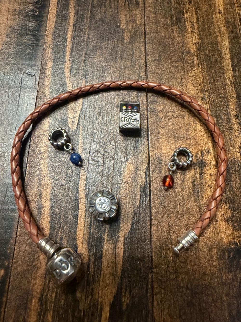 Pandora Brown Braided Leather Bracelet with Silver Charms